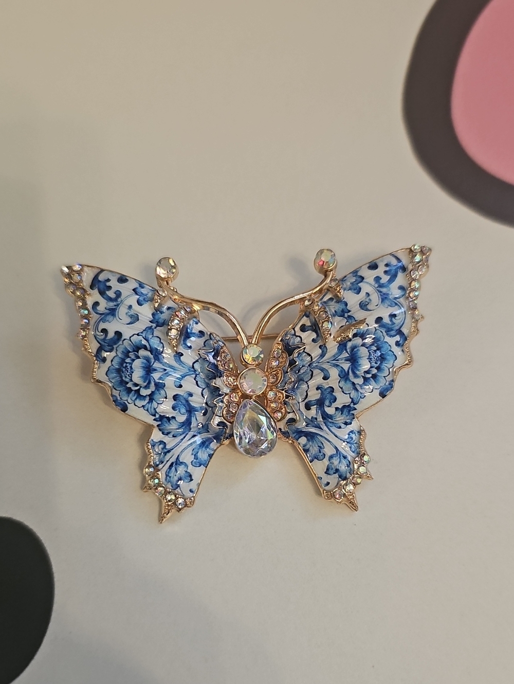 Butterfly Brooch Blue Floral Design Gold Tone Metal